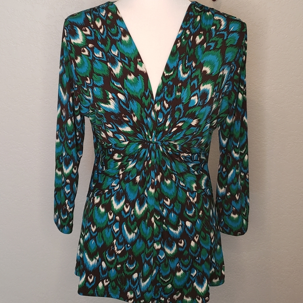 Chaus Turquoise Peacock Print Blouse Size L